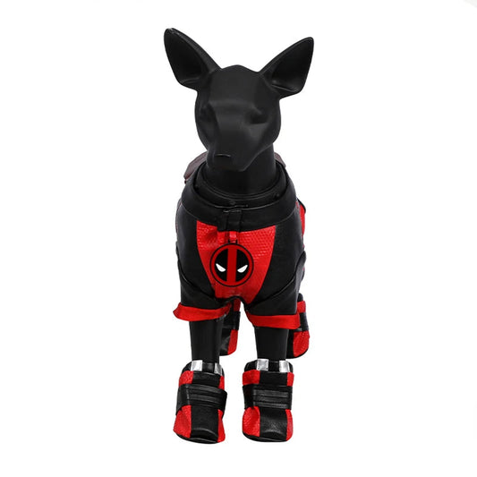 Pet dressed in Hot Movie Deadpool Cosplay Costume, a fun Dogpool outfit for Halloween and parties