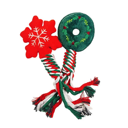 Christmas-themed squeaky dog toy with cotton rope knot for small dogs and puppies