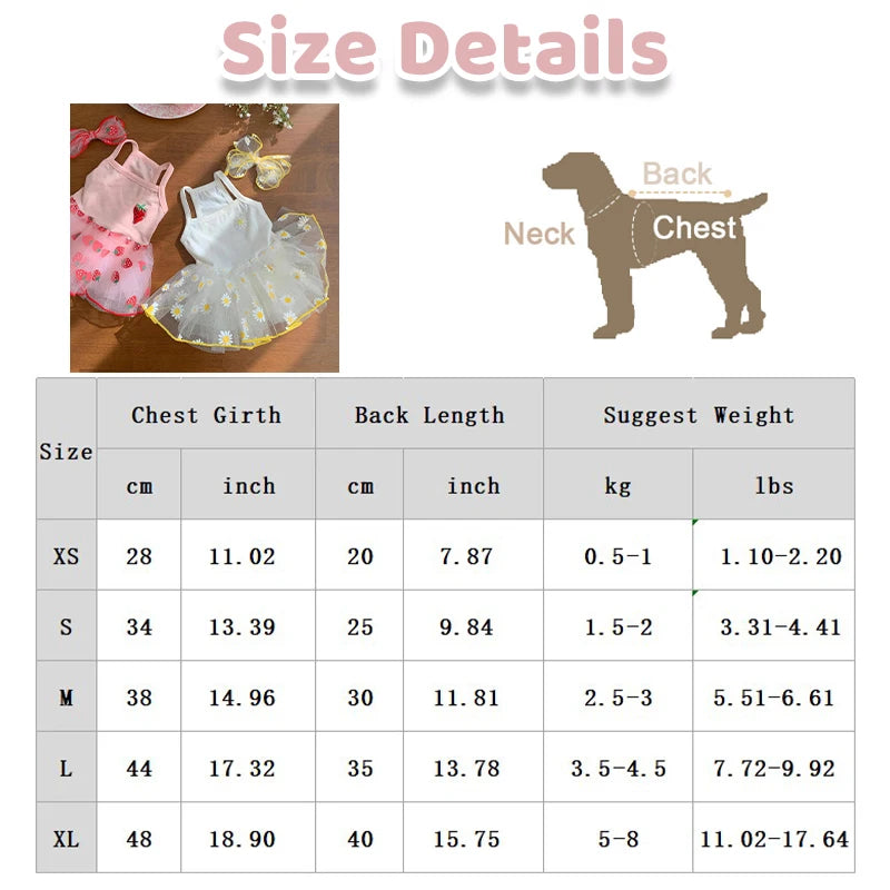 Cute strawberry daisy pattern dog dress, princess summer skirt for small pets, lightweight and comfortable for small dogs and cats.