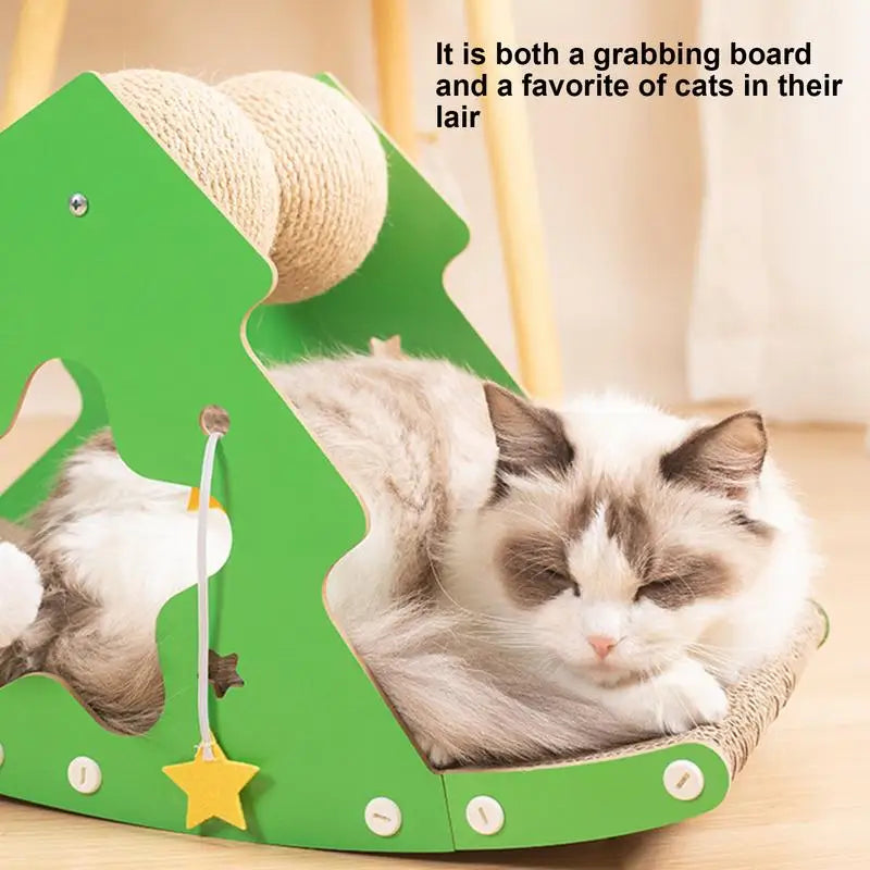 Christmas tree cat scratching board with sisal balls and sleeping mat.