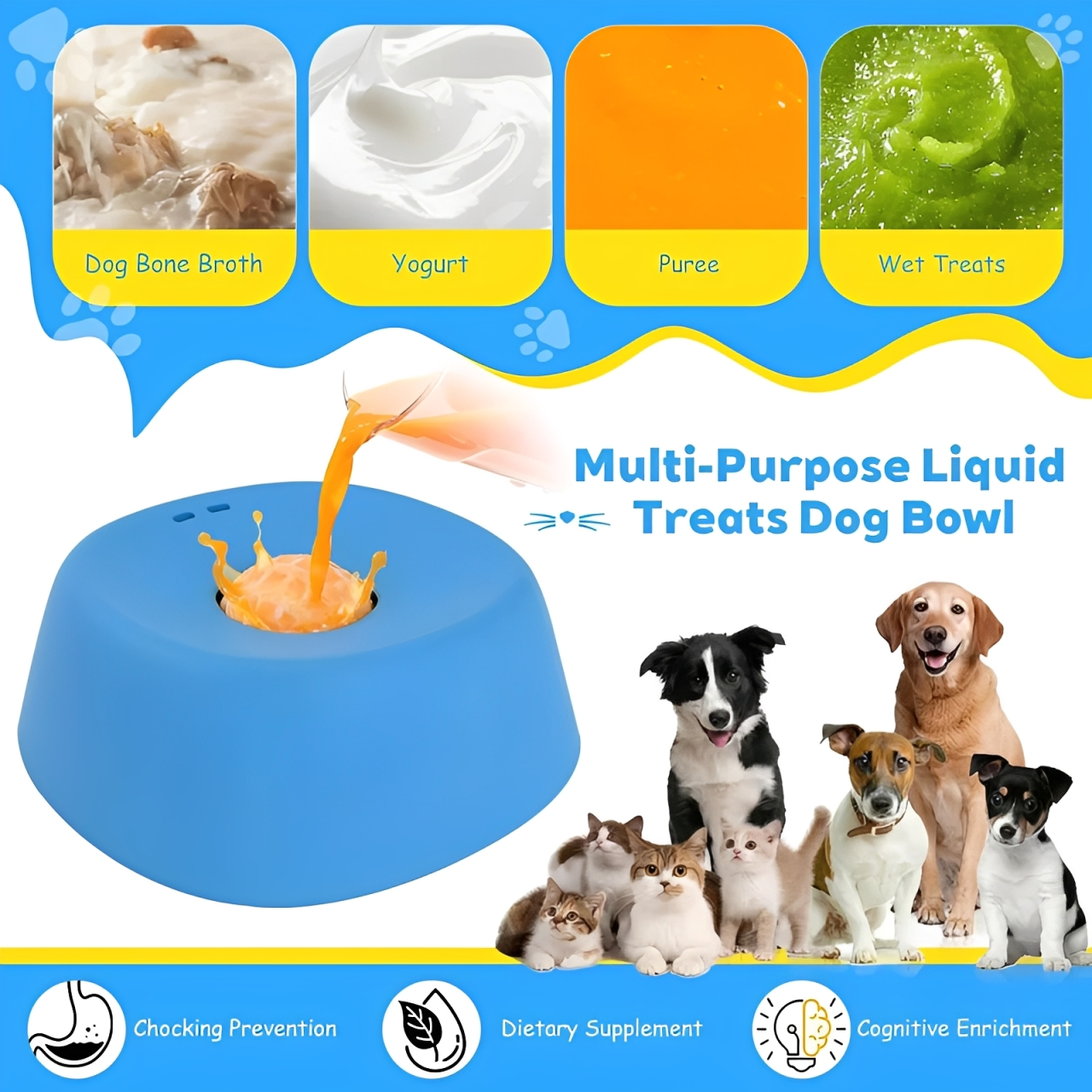 Anti-Choking Slow Feeder for Dogs featuring Multi-Purpose Liquid Treat Bowl and various dog and cat treats.