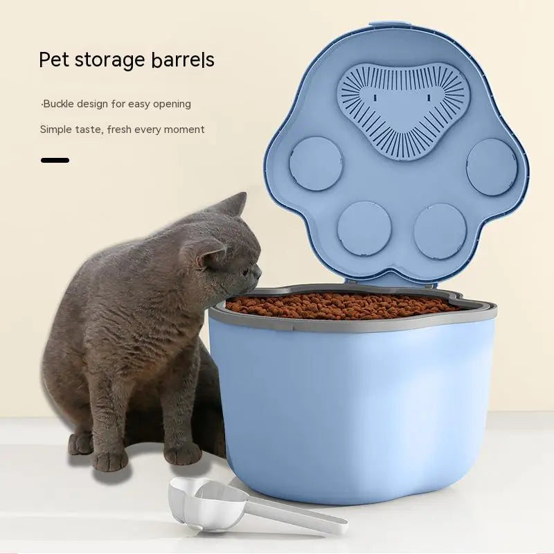 Moisture-proof and fresh-keeping pet food storage bucket, available in large and small sizes for cat and dog food, with multiple color options.