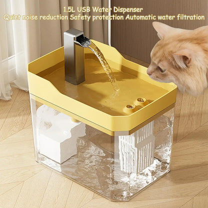 Transparent automatic cat water fountain with USB pump and recirculating filter system.