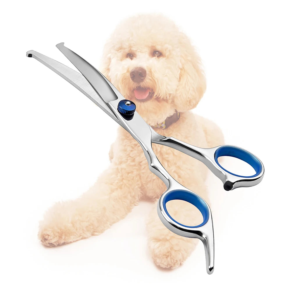 Professional pet grooming scissors set with stainless steel clippers and safety scissors for cats and dogs.