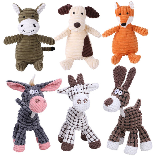 Plush dog toy in various animal shapes with squeaker, made from durable corduroy fabric, perfect for small and large dogs.