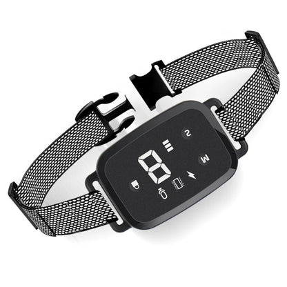 Rechargeable waterproof anti-bark dog collar with sound and vibration correction and HD display for humane training.