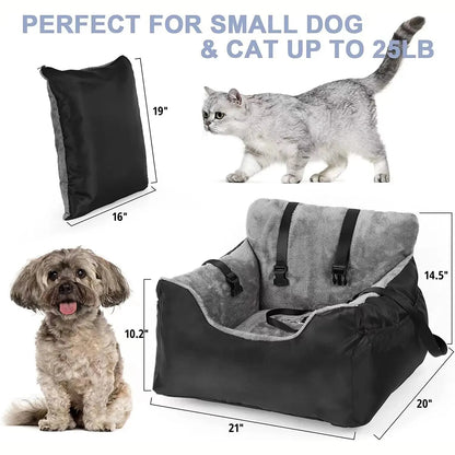 Dog car booster seat for large and medium dogs, featuring secure straps, reinforced oxford fabric, and cozy washable bed for comfortable travel.