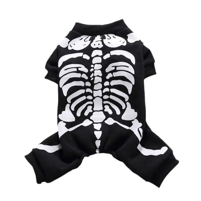 Small dog wearing a Halloween skeleton costume jumpsuit.