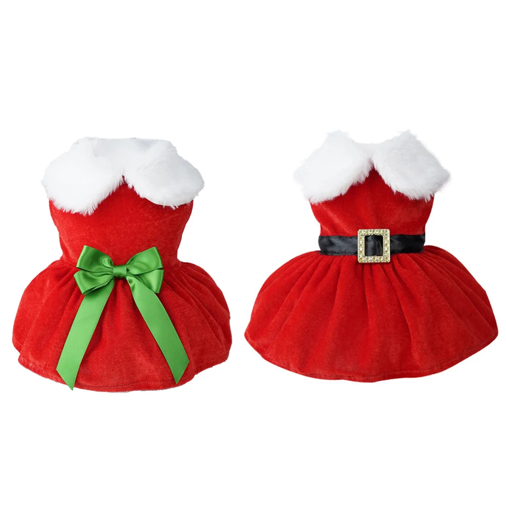 Festive Christmas dress for small dogs and cats, featuring a red skirt and glittering belt for holiday celebrations.