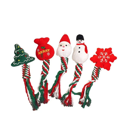 Christmas-themed squeaky dog toy with cotton rope knot for small dogs and puppies
