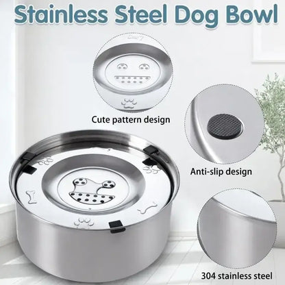 Large stainless steel dog water bowl with non-slip base and anti-splash design, suitable for multi-dog homes and outdoor use.
