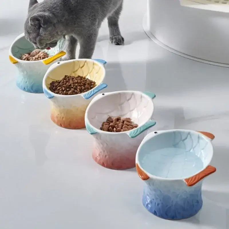 Cat Bowl Pet Feeder Dish - Ceramic Elevated Feeding Bowl for Dogs and Cats in Pink.