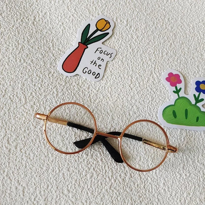 Small dog wearing round wizard cosplay glasses inspired by Harry Potter