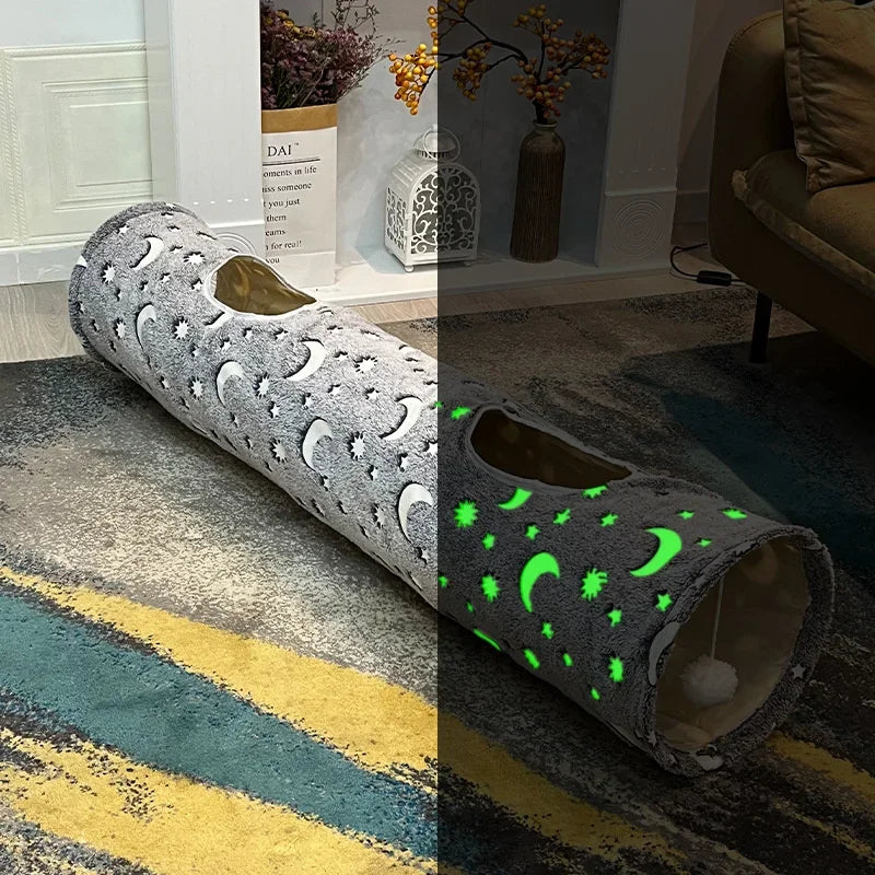 Durable plush ball and glow-in-the-dark collapsible cat tunnel for small animals, measuring 47.2 inches long and 9.8 inches in diameter.