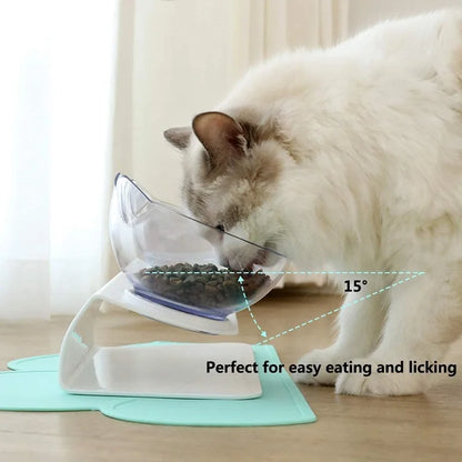 Elevated non-slip cat bowl set with angled dual bowls for food and water
