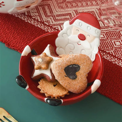 Christmas-themed ceramic pet bowl with Santa Claus, elk, and tree designs, perfect for food or water