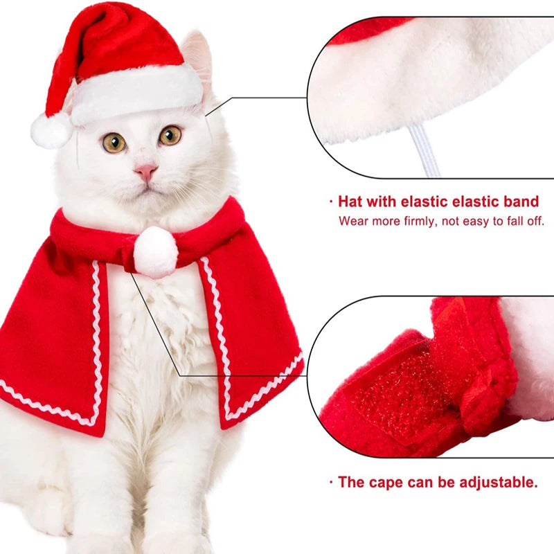 Cat Christmas costume set with reindeer antlers, Santa hat, red scarf, and pet cloak for holiday celebrations.