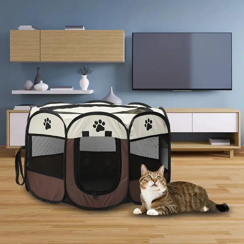 Portable foldable pet tent kennel for large dogs and cats, with spacious octagonal design and breathable anti-mosquito mesh