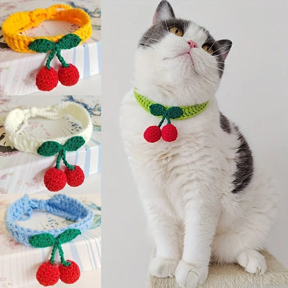 Handmade knitted pet collar with cherry decoration for cats