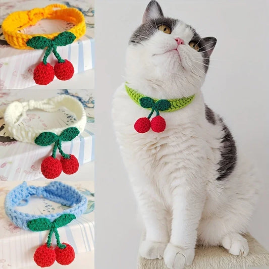Handmade knitted pet collar with cherry decoration for cats