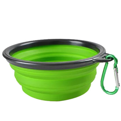 Collapsible silicone dog bowl for travel, camping, and hiking, lightweight and portable for outdoor pet feeding.