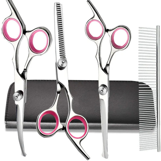 Professional pet grooming scissors set with stainless steel clippers and safety scissors for cats and dogs.