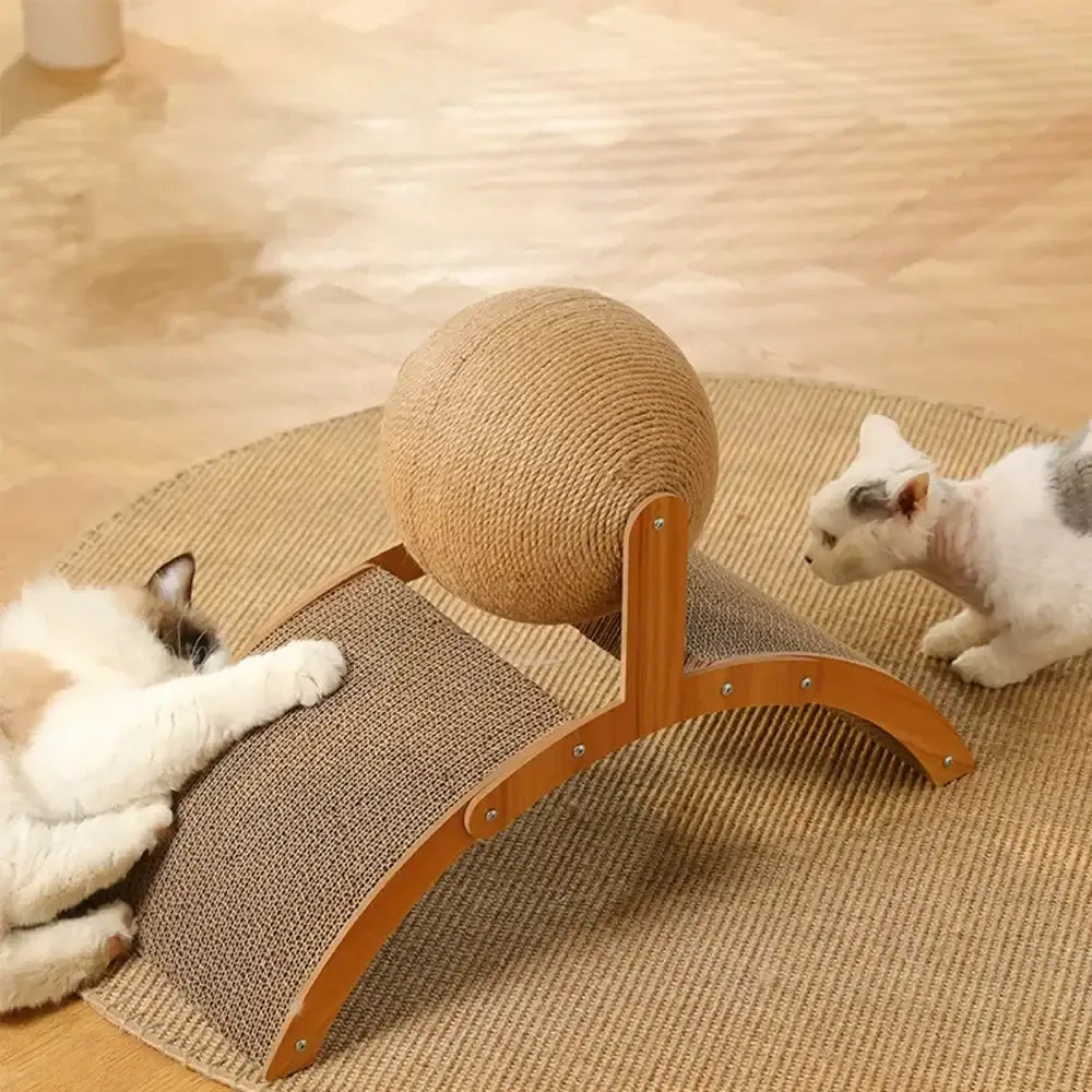 2 in 1 cat scratching ball featuring a sisal scratch board and wooden design, perfect for satisfying cats’ natural instincts and protecting furniture.