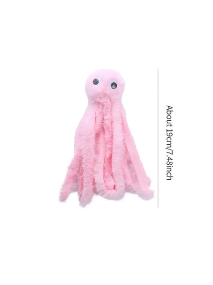 Cute octopus plush toy for cats, soft and durable with dangling tentacles, designed for biting, pouncing, and cuddling.