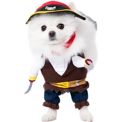 Dog wearing a Halloween costume with foam dagger and stuffed body design.