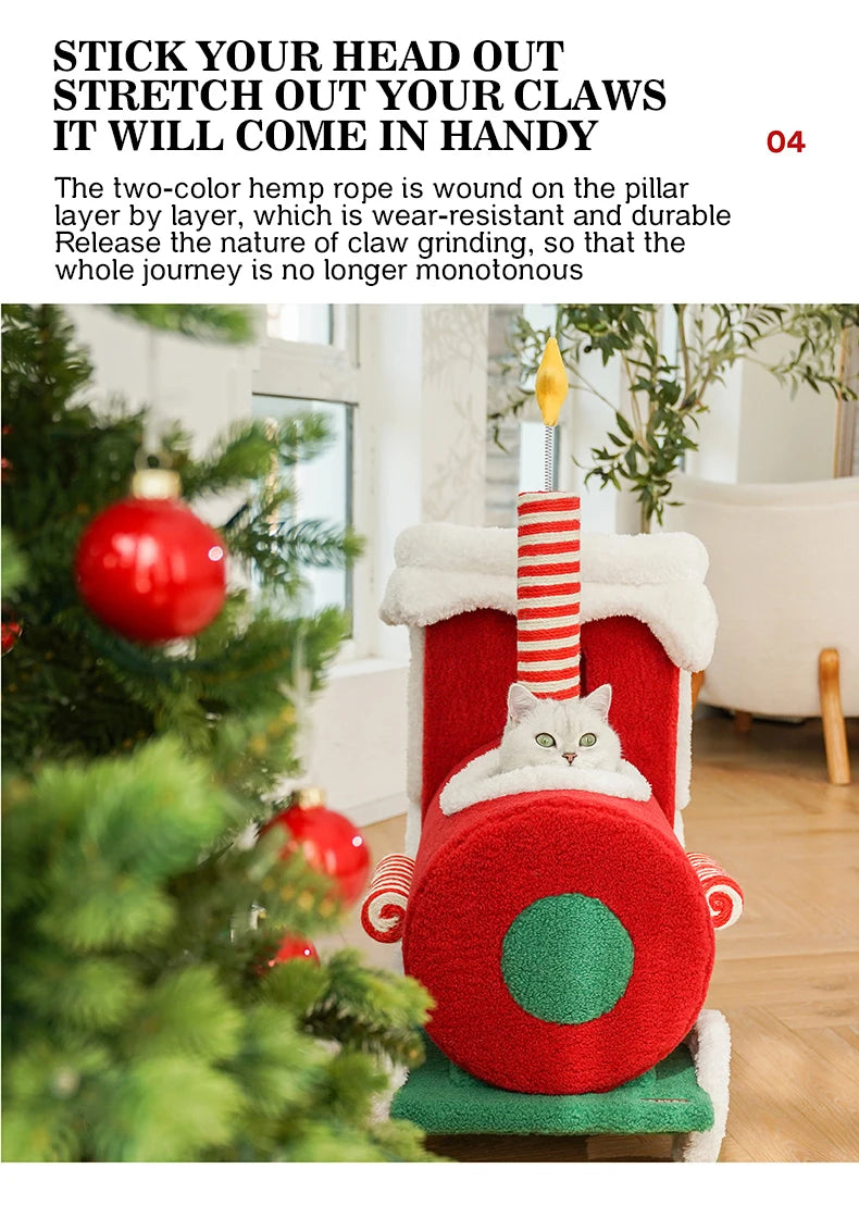 Christmas-themed cat climbing frame with cozy sleeping nest and sisal scratching posts.