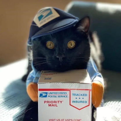 Dog dressed in a UPS courier costume with branded uniform for Halloween or party fun