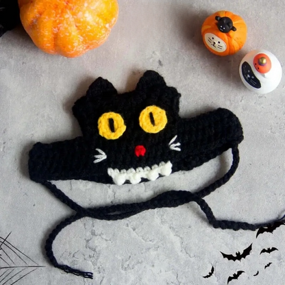 Hand-knit Halloween Pet Collar Bib for cats and dogs, perfect for adding a spooky touch to Halloween costumes.