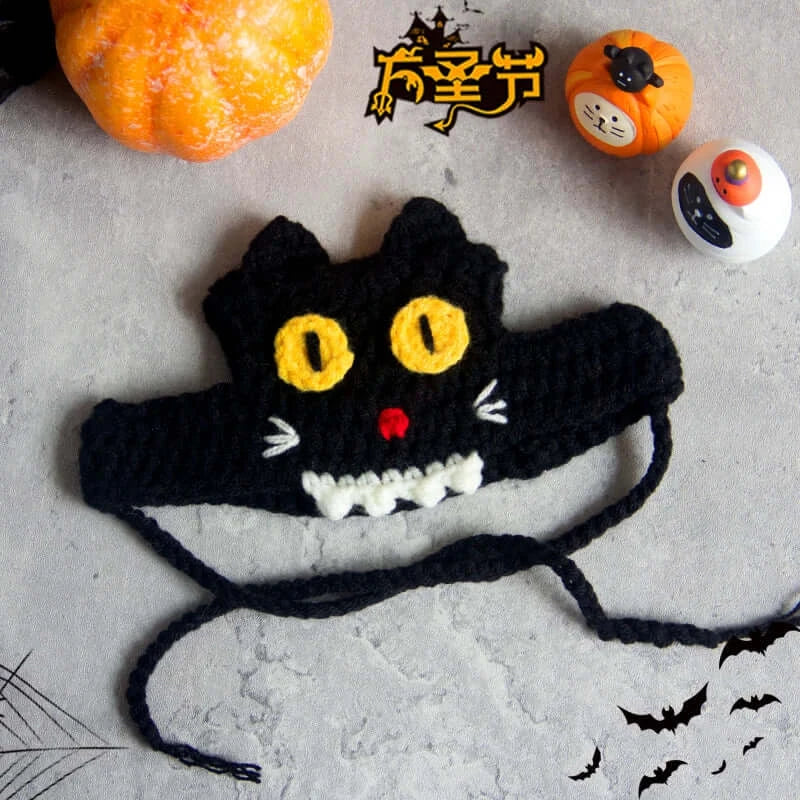 Hand-knit Halloween pet collar bib featuring ghost designs, perfect for dressing up cats and dogs during the spooky season.