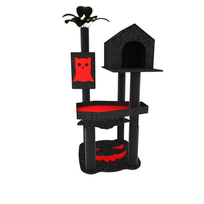 Halloween-themed cat climbing frame with multi-level platforms and scratching posts for play and exploration