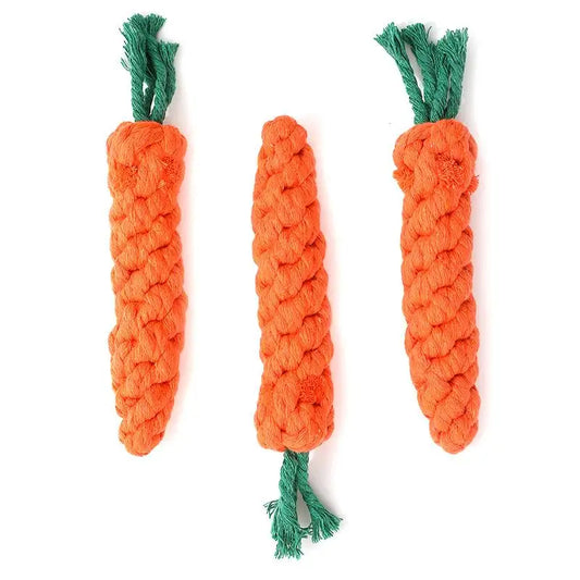 Cartoon carrot-shaped cotton rope dog chew toy for teeth cleaning, durable and engaging for pet play and training