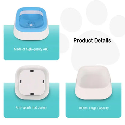 Anti-splash pet water bowl with 1L capacity and floating disk design, spill-proof solution for dogs and cats at home or on the go.