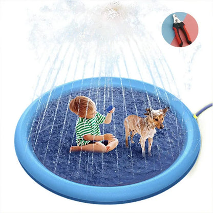 Foldable inflatable dog splash pad with water spray feature for summer