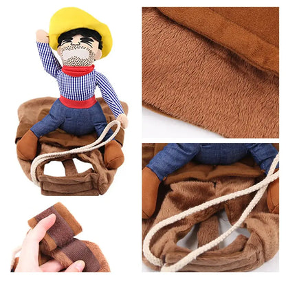 Dog dressed in a funny cowboy jacket for Halloween, perfect for parties and photo shoots.
