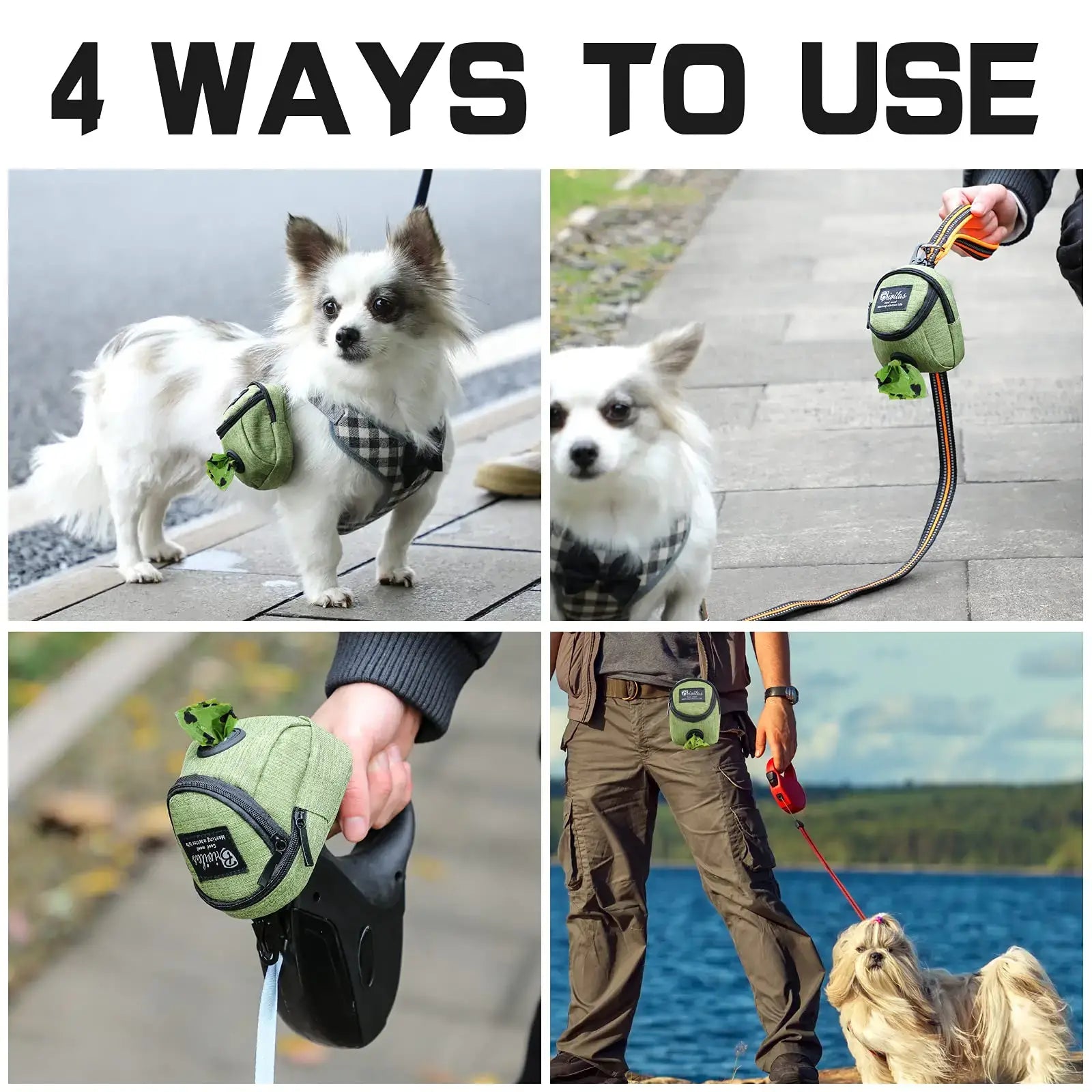 Portable pet dog treat pouch and poop dispenser for training and outdoor travel.