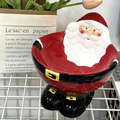 Ceramic Santa Claus pet bowl with raised base for cats and dogs, perfect for Christmas
