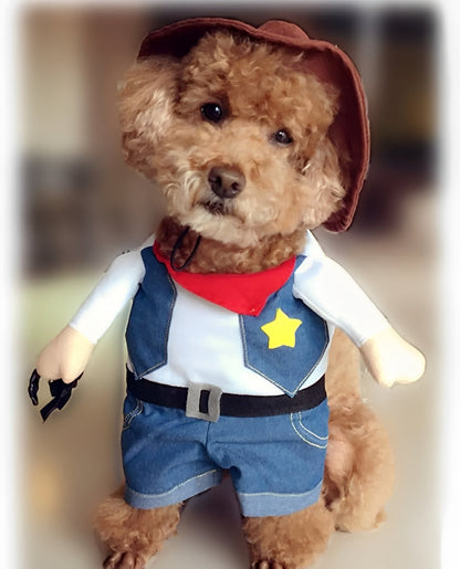 Pet dressed in a denim cowboy jacket and cowboy hat for Halloween or costume parties
