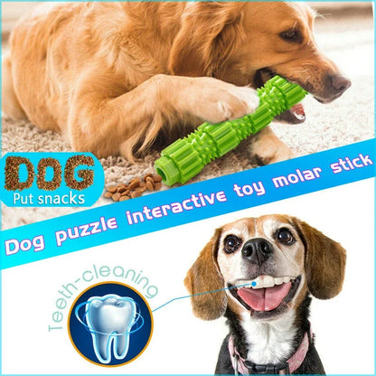 Pet dog teething stick chew toy and treat dispenser promoting dental health