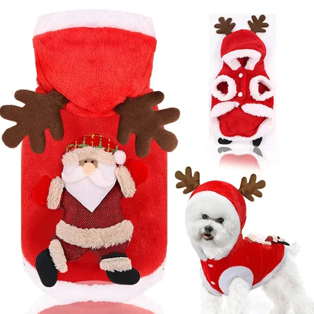 Christmas-themed flannel hoodie for cats and dogs, featuring festive Santa and elk designs for winter warmth and style.