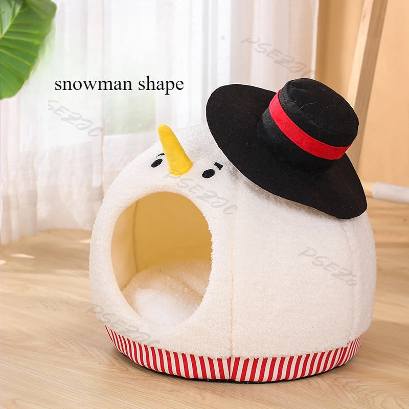 Semi-enclosed Christmas snowman cat nest for warmth and comfort during autumn and winter.