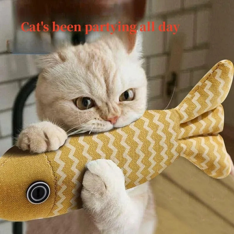 Teeth grinding catnip fish toy for cats, plush and interactive with vocal features to enhance playtime and promote dental health.