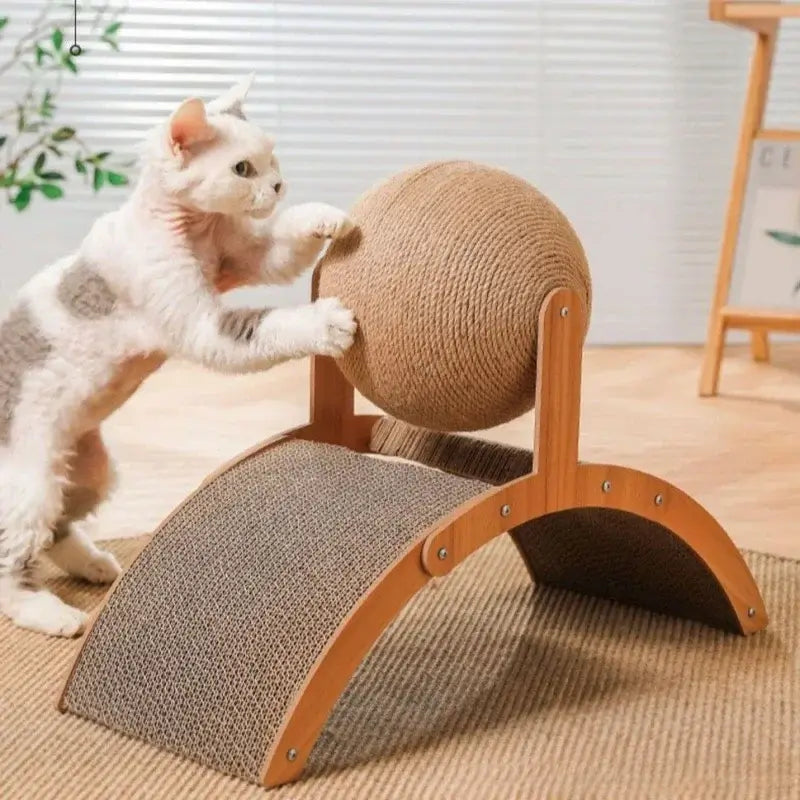 2 in 1 cat scratching ball featuring a sisal scratch board and wooden design, perfect for satisfying cats’ natural instincts and protecting furniture.