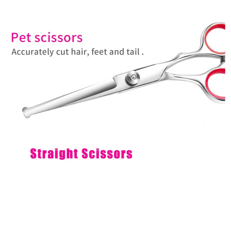 Professional pet grooming scissors set with stainless steel clippers and safety scissors for cats and dogs.