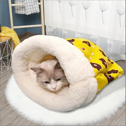 Cozy plush cat sleeping bag with burrow design for warmth and comfort