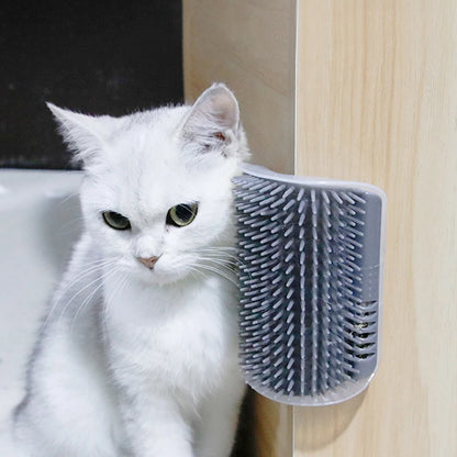 Self-grooming cat brush for hair removal and massage with easy wall attachment