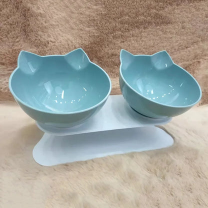 Elevated non-slip cat bowl set with angled dual bowls for food and water